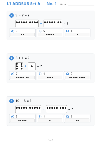Addition & Subtraction Mixed workbook cover — Level 1 Set A