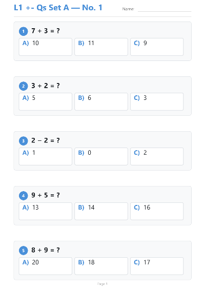 Add & Sub Mixed No Dots workbook cover — Level 1 Set A