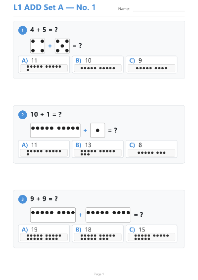 Addition workbook cover — Level 1 Set A
