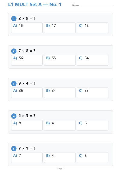 Multiplication workbook cover — Level 1 Set A