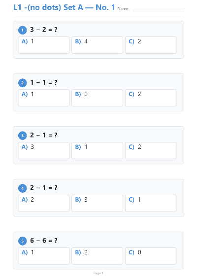 Subtraction No Dots workbook cover — Level 1 Set A