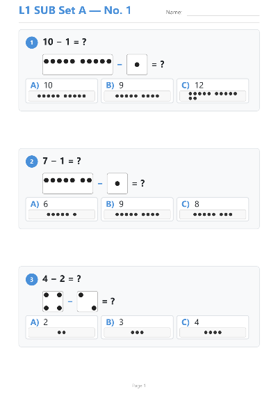 Subtraction workbook cover — Level 1 Set A